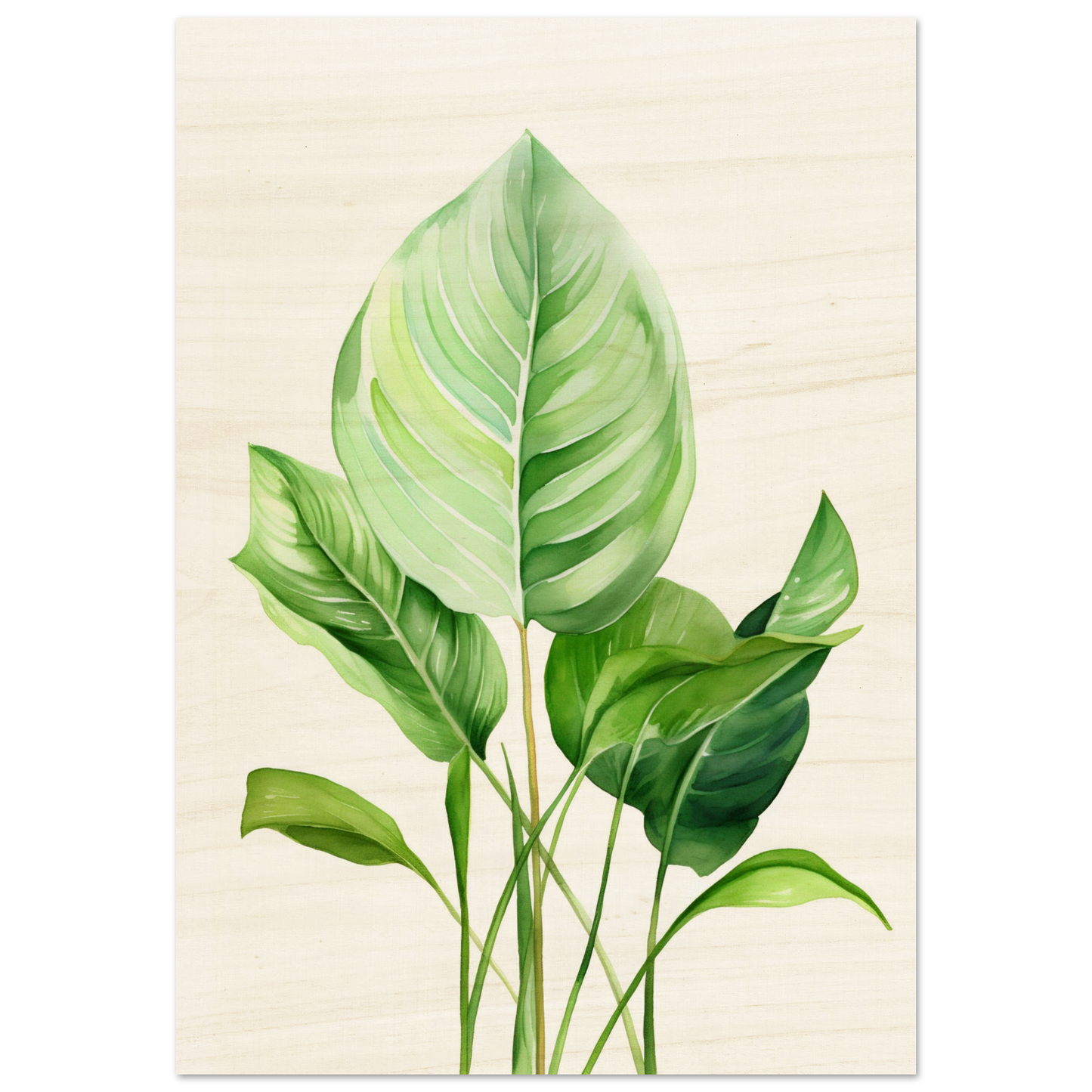 Watercolor painting of green tropical leaves with prominent veins and stems.