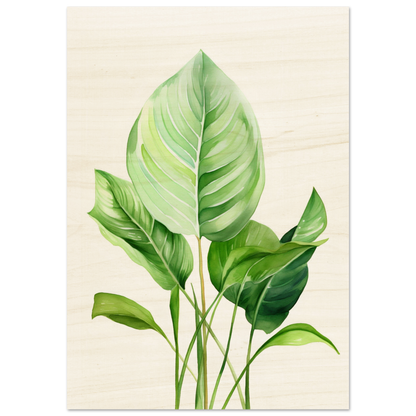 Watercolor painting of green tropical leaves with prominent veins and stems.