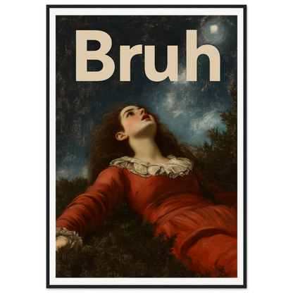 "Bruh Night Bewilderment framed wall art, featuring a classic figure in a red dress gazing at the night sky, for cool home decor."