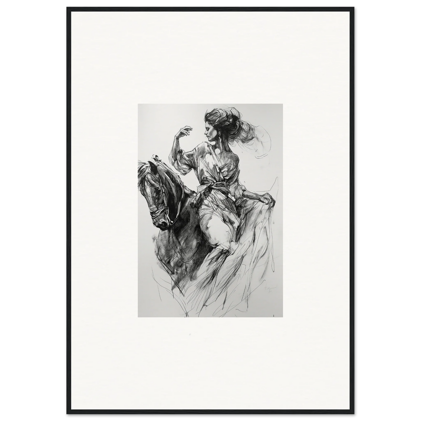 Dynamic black and white sketch of horseback riding for Ephemeral Journey Grafikermania