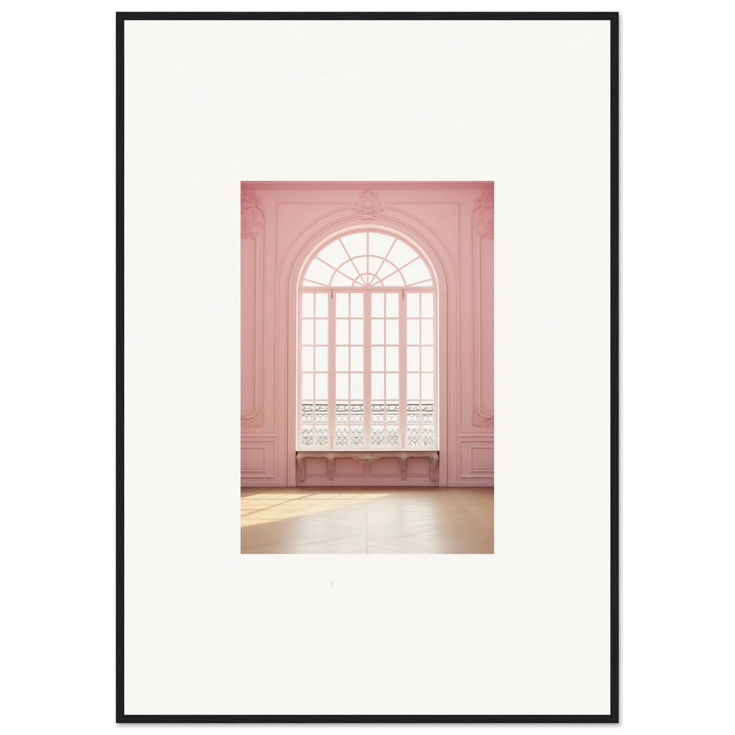 Arched window design with white muntins on pink walls in Ether Balcon Evolvement art