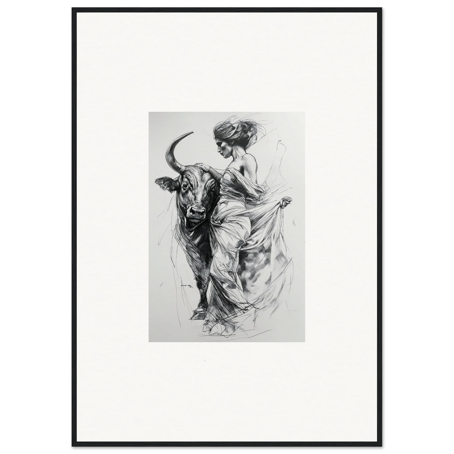 Dynamic charcoal sketch of a bullfighter and bull in motion from Marvelous Taurine Serenade