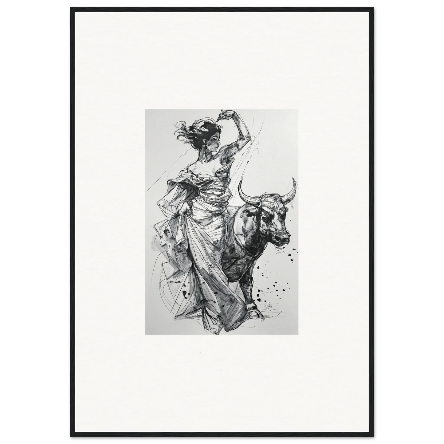 Dynamic black and white sketch of a dancer in flowing dress with a bull for Tauripe Mystique Visions