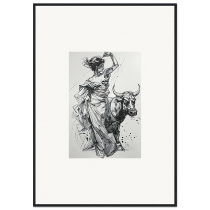 Dynamic black and white sketch of a dancer in flowing dress with a bull for Tauripe Mystique Visions