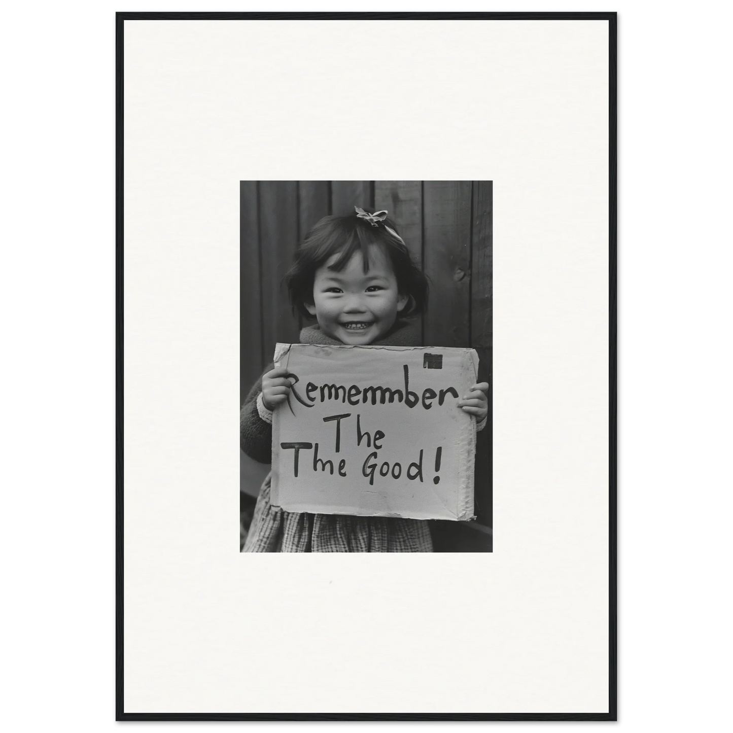 Black and white photo of joy with a sign saying Remember The Good for Timeless Joy Parade