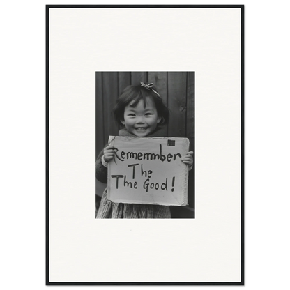 Black and white photo of joy with a sign saying Remember The Good for Timeless Joy Parade