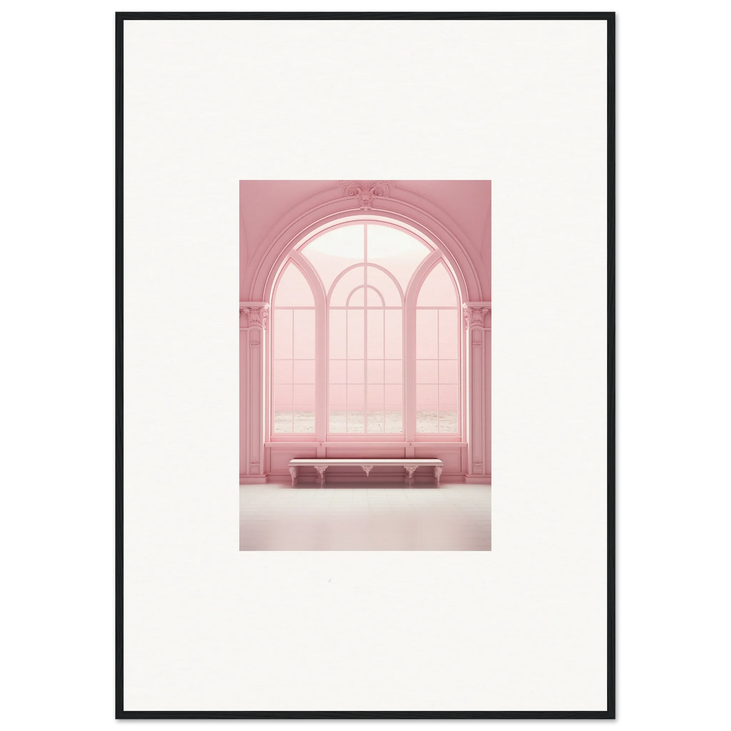 Arched pink window with a comfy bench under Solitude’s Rosy Asana framed wall art