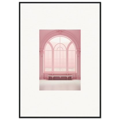 Arched pink window with a comfy bench under Solitude’s Rosy Asana framed wall art