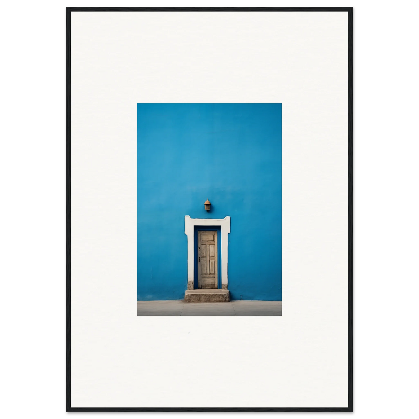 Wooden door with white trim on a bright blue wall in Eternal Cerulean Cloister