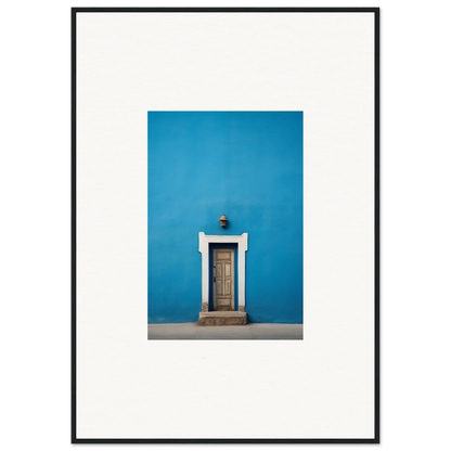 Wooden door with white trim on a bright blue wall in Eternal Cerulean Cloister