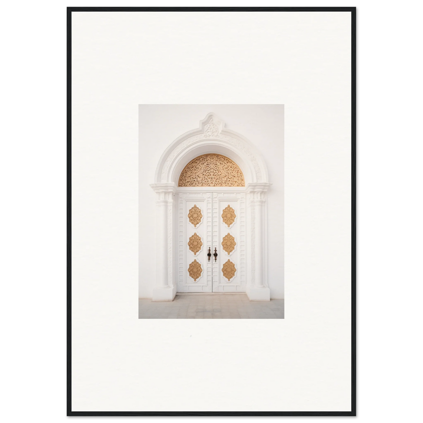 White double doors with gold patterns and arched window in Gilded Mirage Passage art