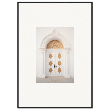 White double doors with gold patterns and arched window in Gilded Mirage Passage art