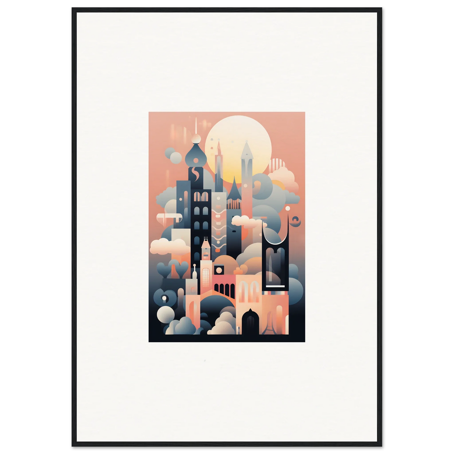 Stylized cityscape illustration from Ephemeral Castle Whispers in pink and blue tones