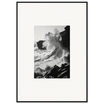 Powerful black and white ocean wave crashing on cliffs for Incandescent Wave Tribute art