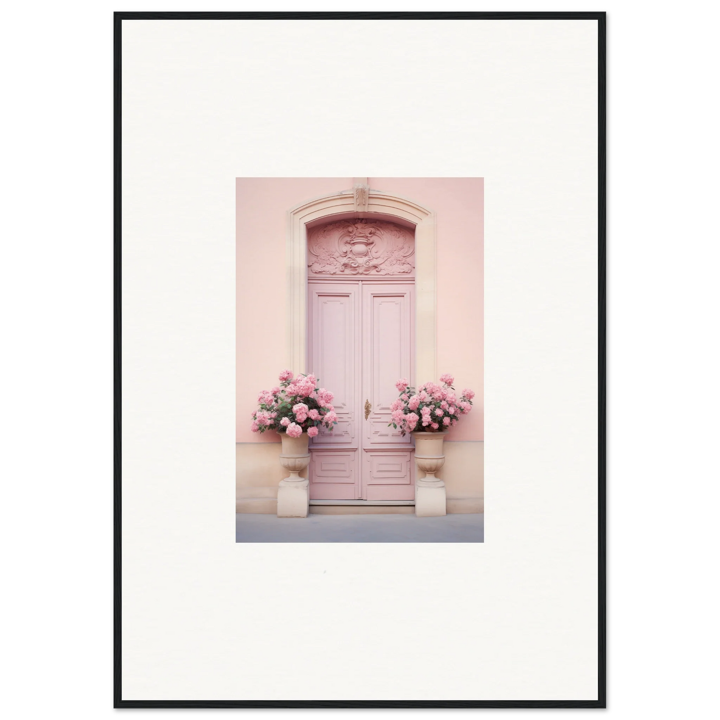 Pale pink ornate door frame with floral decor for Rosy Cosmos Gateway art piece