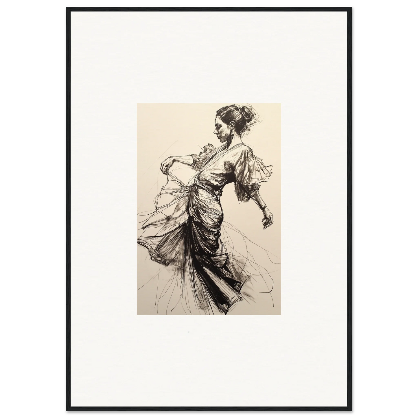 Elegant sketch of a woman in flowing dress from Ephemeral Ink Serenade framed wall art