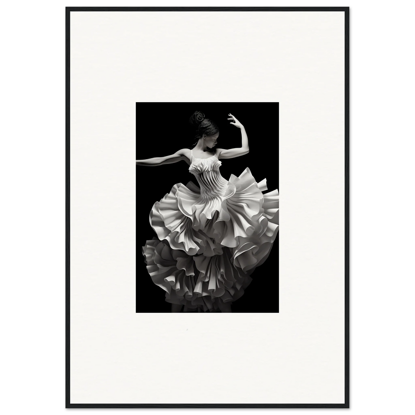 Dancer in ruffled white dress twirling, showcasing Tangled Luminous Laces art