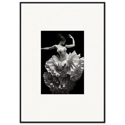 Dancer in ruffled white dress twirling, showcasing Tangled Luminous Laces art