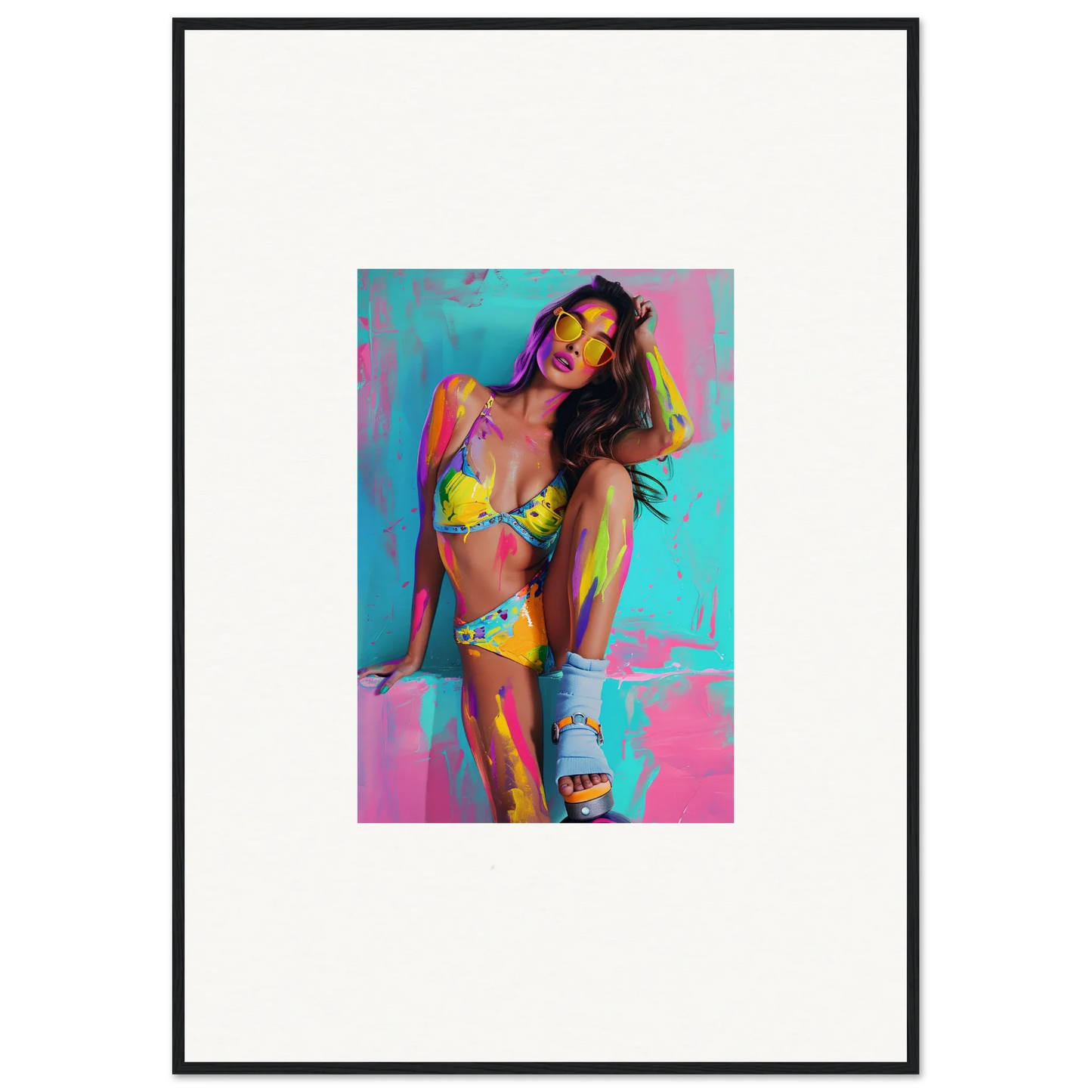 Colorful wall art of a woman in a yellow bikini for vibrant room decoration