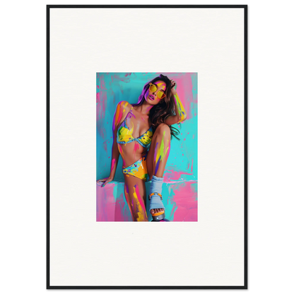 Colorful wall art of a woman in a yellow bikini for vibrant room decoration