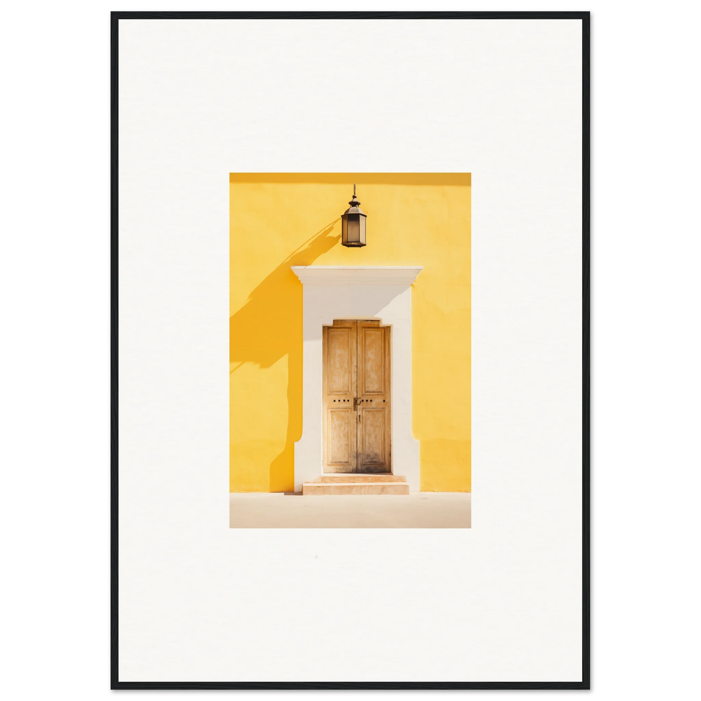 Wooden door with white trim on a yellow wall in the Golden Hue Portal art piece