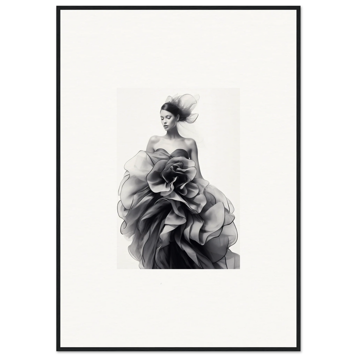 Figure in a dramatic black and white gown from Ephemeral Orchard Whispers special edition art™