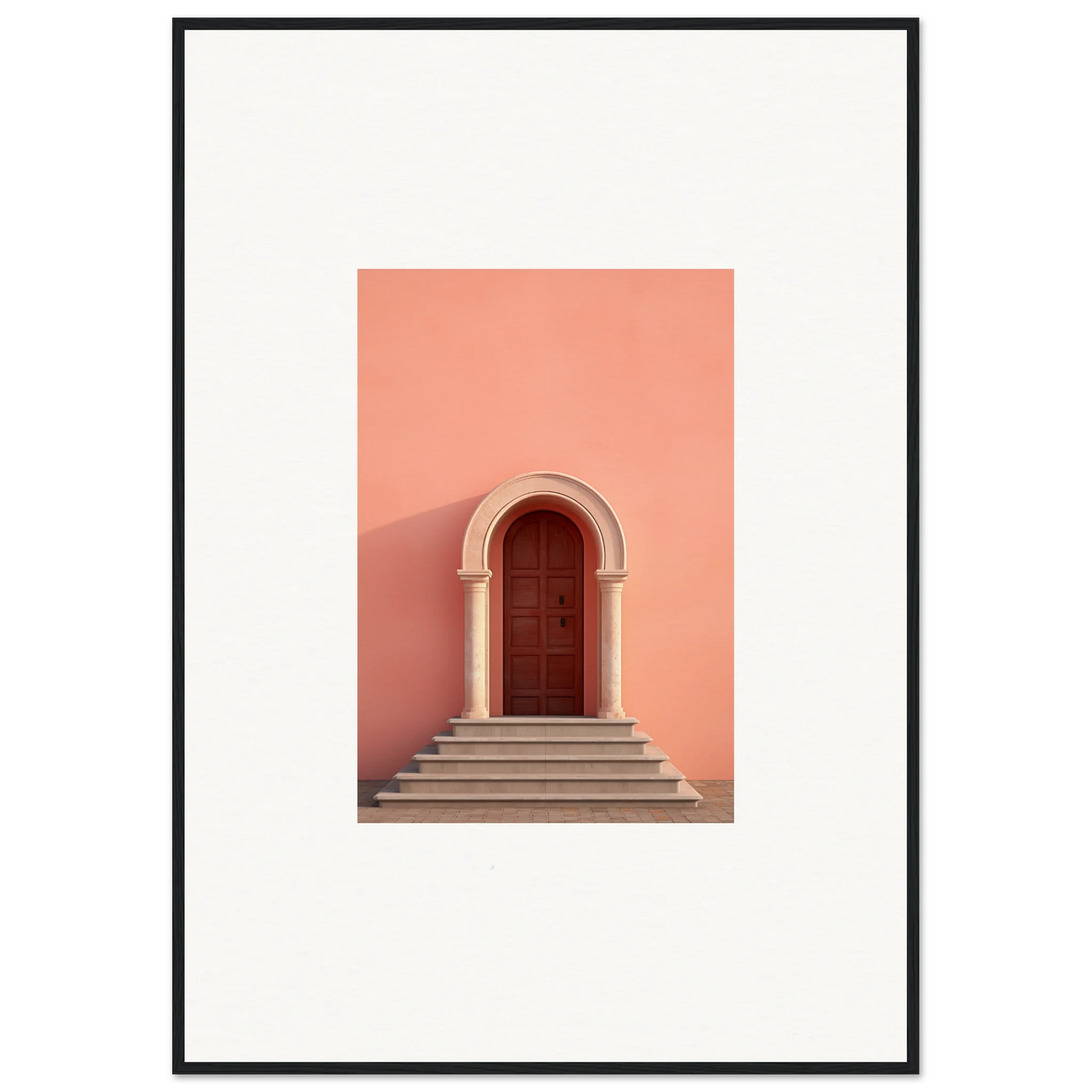 Arched wooden door on stone steps against coral wall of Ethereal Sunset Gateway