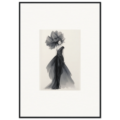 Elegant watercolor fashion illustration of a figure in a black gown, Curtain Bloom Dance