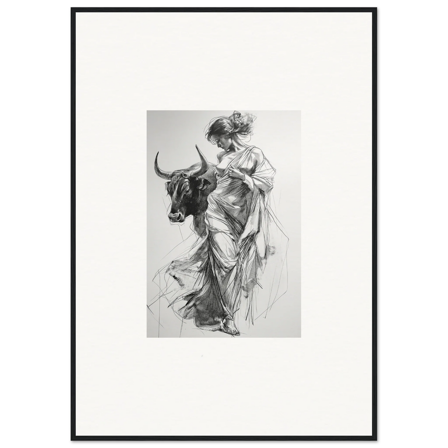 Black and white sketch of a woman in flowing robes and a bull from Splashing Gaze Melds