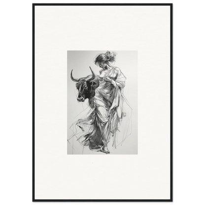 Black and white sketch of a woman in flowing robes and a bull from Splashing Gaze Melds