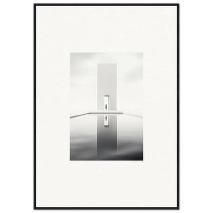 Minimalist black and white tower reflection art from Dreamer’s Vanishing Silhouette