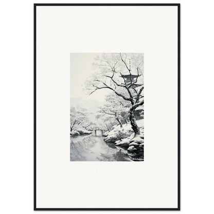 Snow-covered tree by a stream in Chilled Lunar Embrace framed poster art