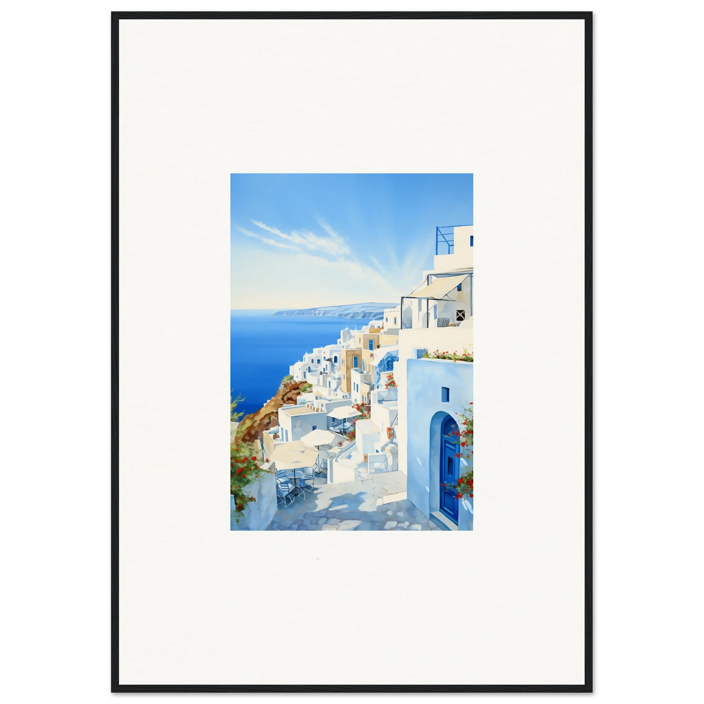 Framed art of Santorini’s white buildings and blue domes from Mediterranean Serenity Remastered