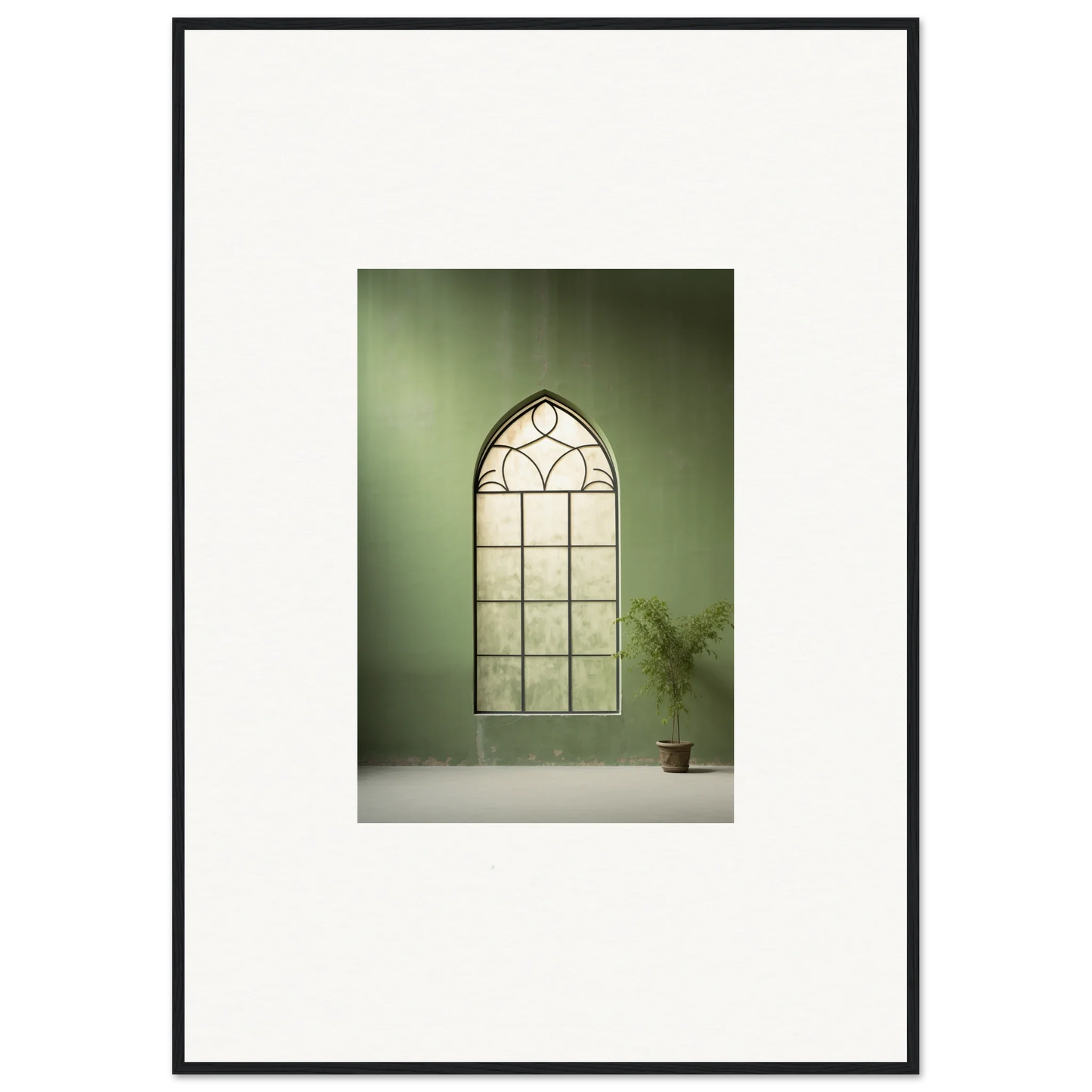 Gothic-style arched window with decorative details in Green Crescent special edition art™