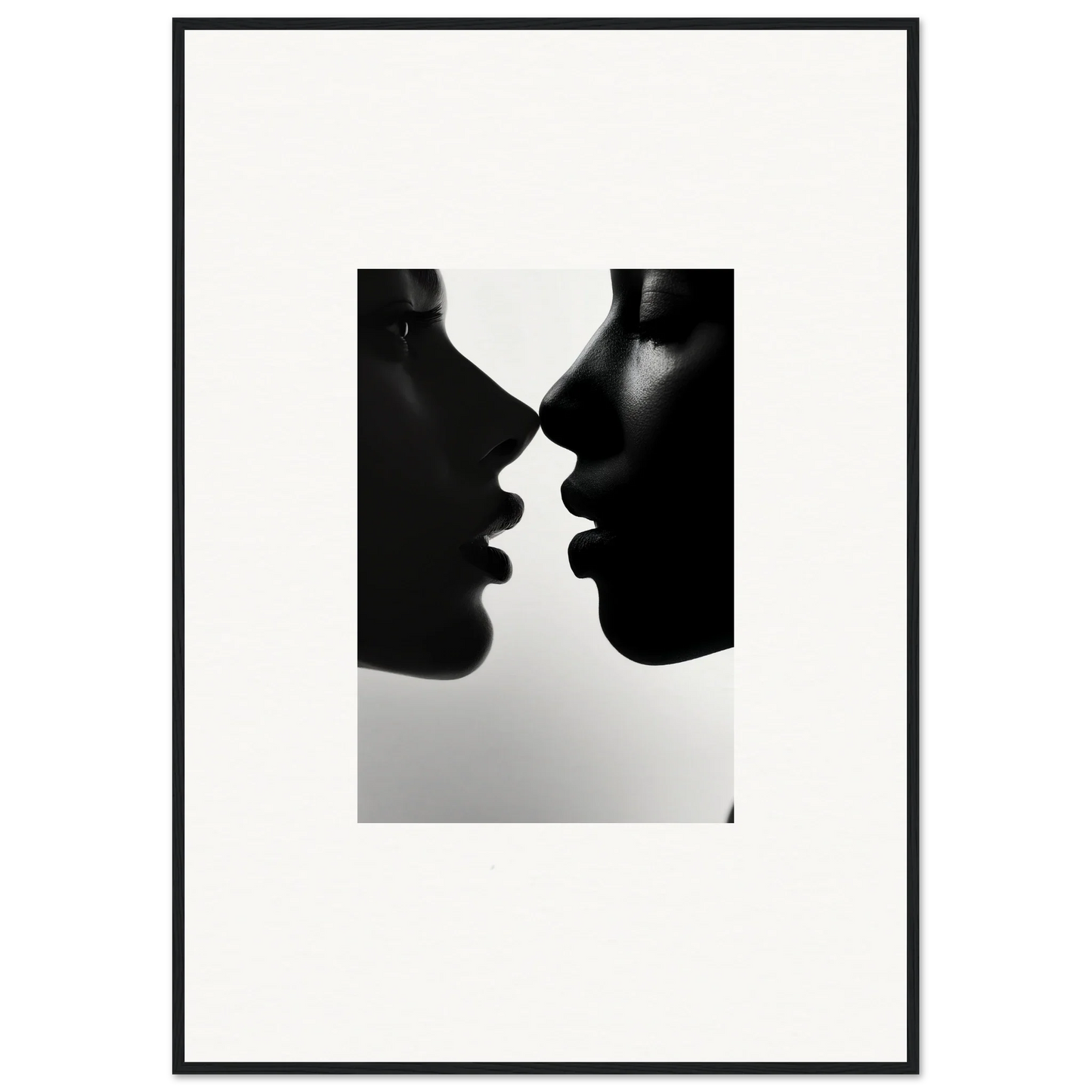 Two profiles nearly kissing, showcasing Narcissus Mirror Haze framed wall art