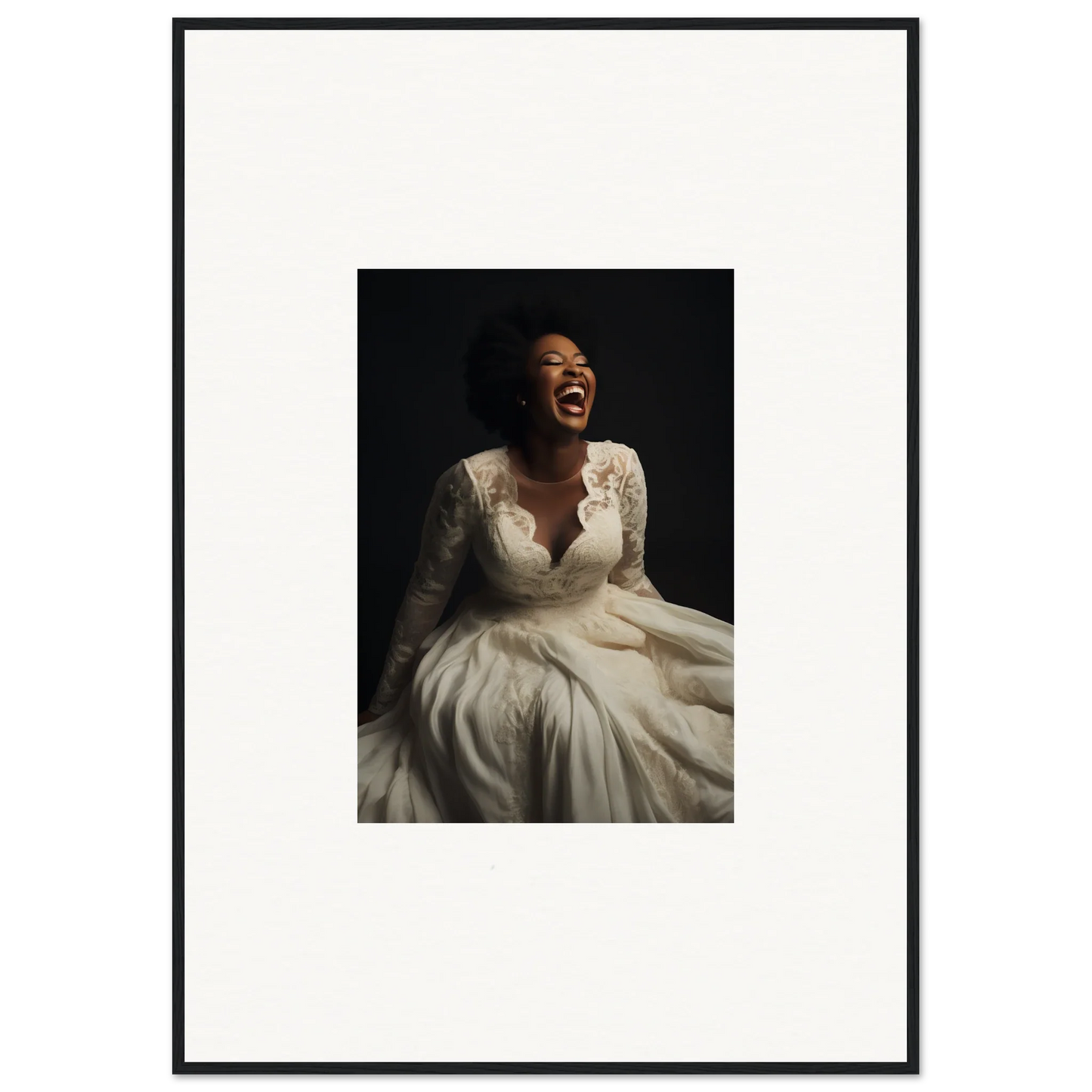 Joyful person in a white lace wedding dress showcasing Luminescent Joy Echoes art