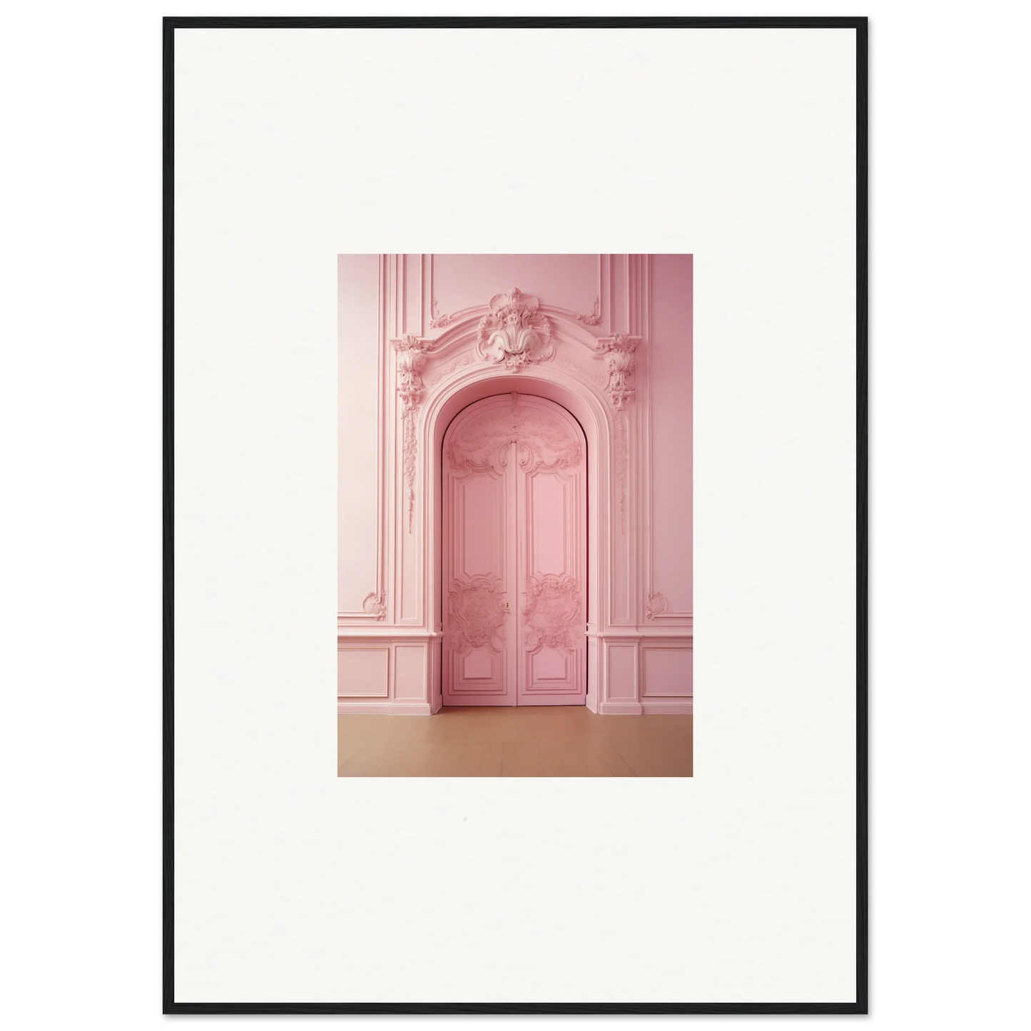 Ornate pink door with molding in Gentle Whims Myths premium framed wall art