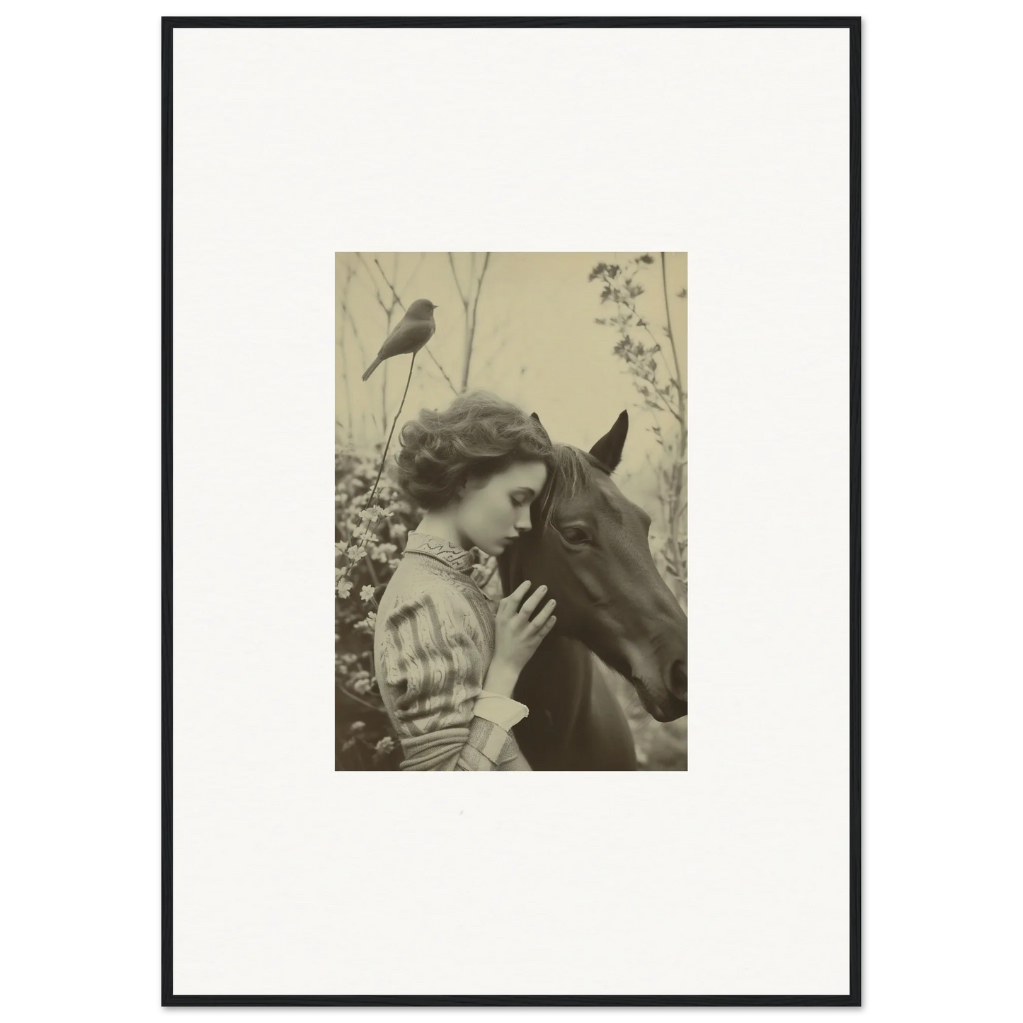 Framed vintage photo of woman and horse perfect for room decoration or wall art