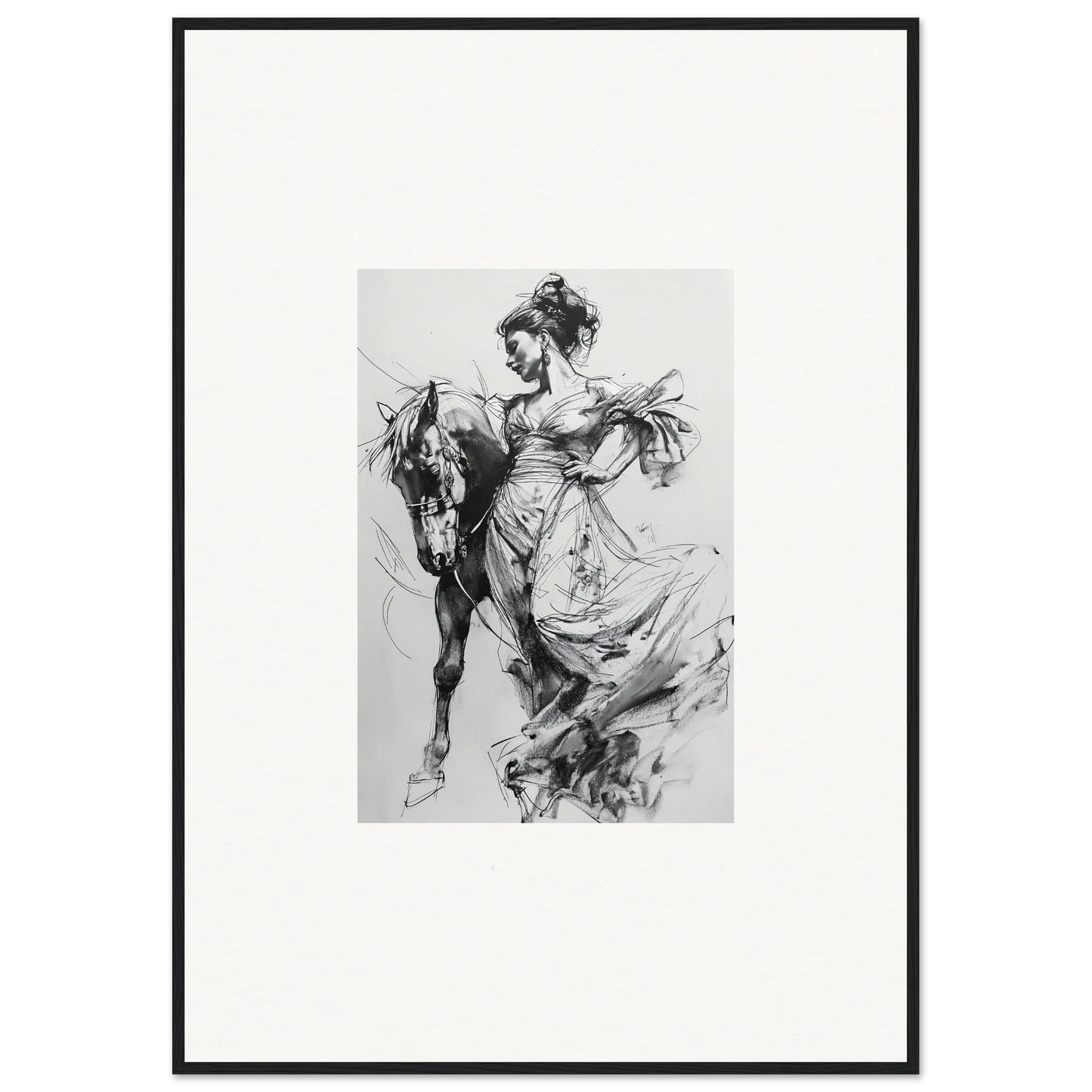 Dynamic black and white sketch of a figure in dress riding a horse for Stardust Morph Whimsy