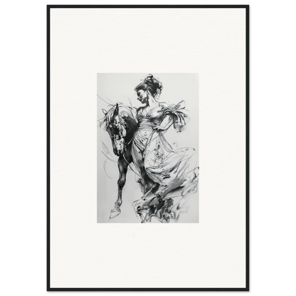 Dynamic black and white sketch of a figure in dress riding a horse for Stardust Morph Whimsy