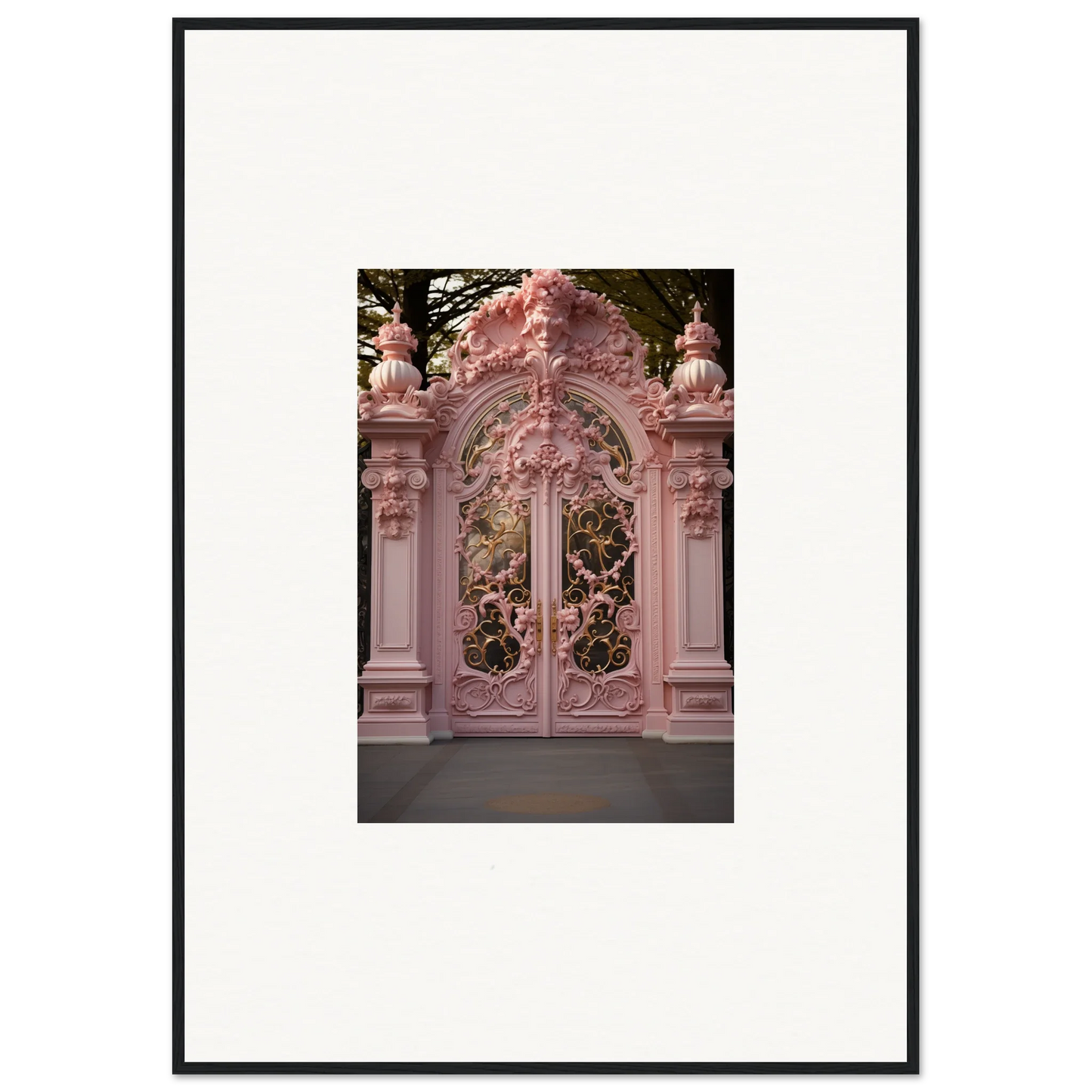 Ornate pink baroque gates showcasing Opulent Doorscape Divinity with intricate details