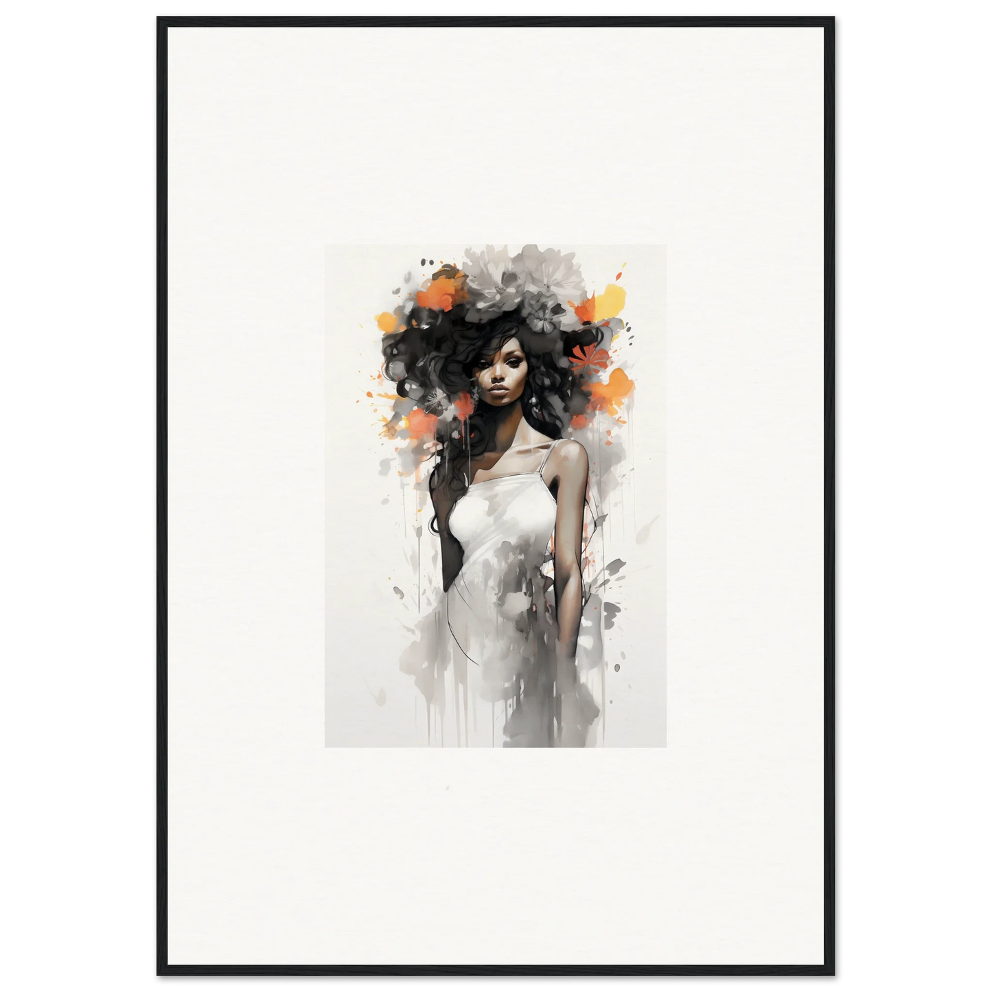 Artistic watercolor portrait with dark hair and white dress from Ethereal Echoes Blossoms