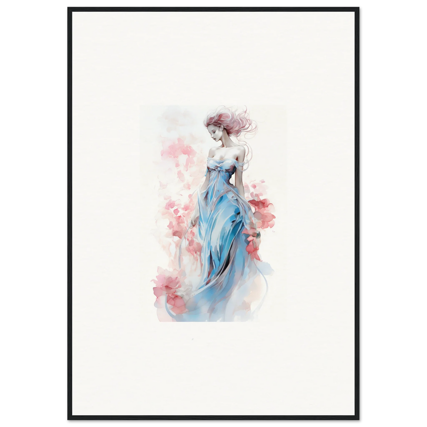 Elegant woman in blue dress watercolor canvas print for chic room decoration wall art