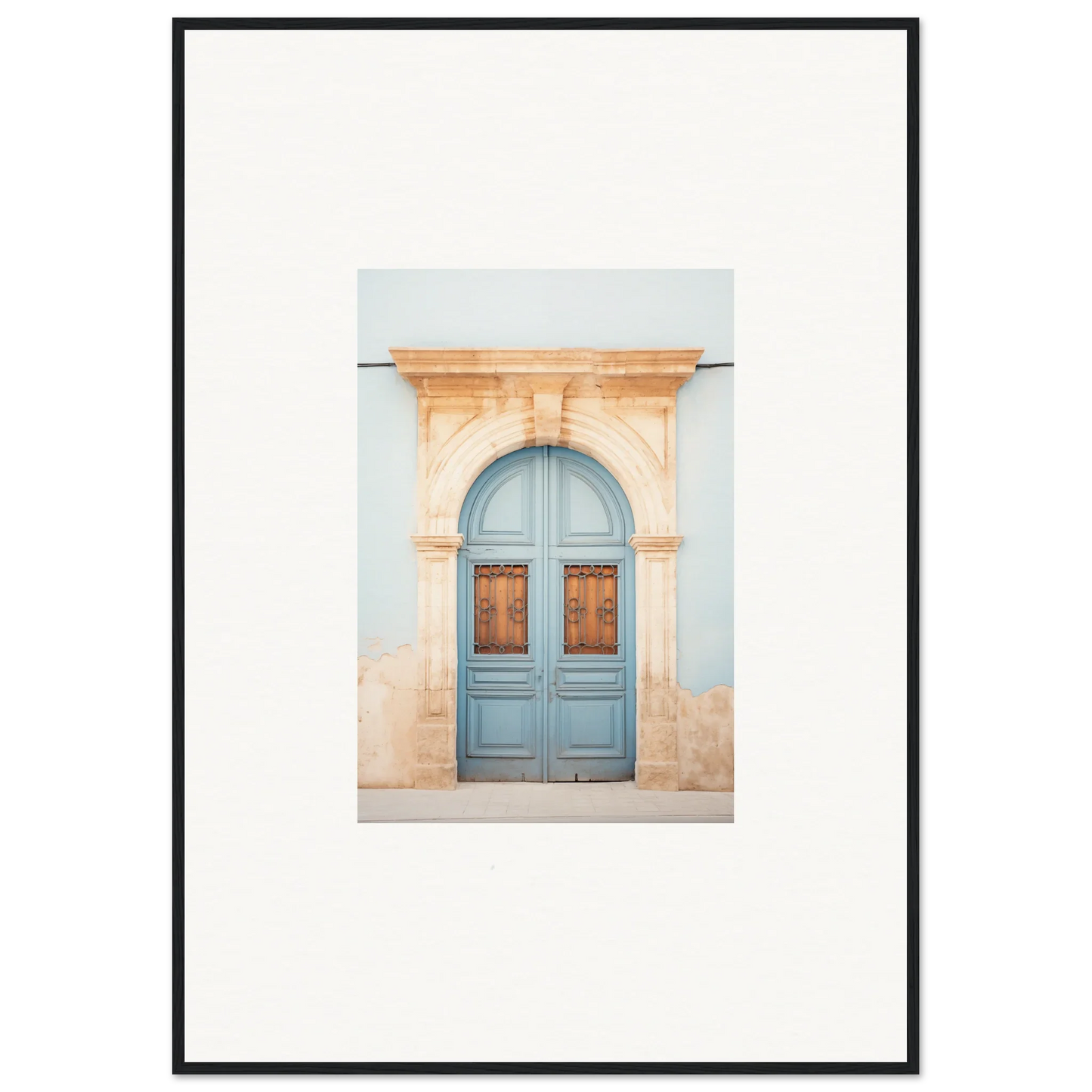 Light blue wooden door in arched stone frame, perfect for Threshold of Echoes art