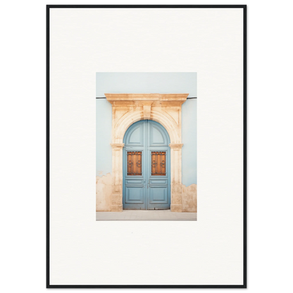 Light blue wooden door in arched stone frame, perfect for Threshold of Echoes art