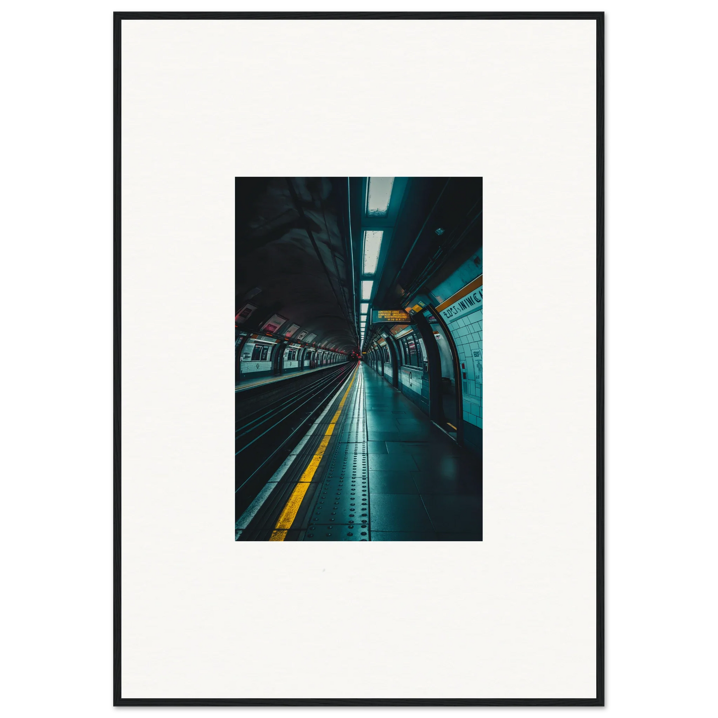 Empty subway platform under fluorescent lights, part of Portal Echo Anatomy art