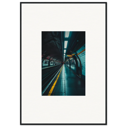 Empty subway platform under fluorescent lights, part of Portal Echo Anatomy art