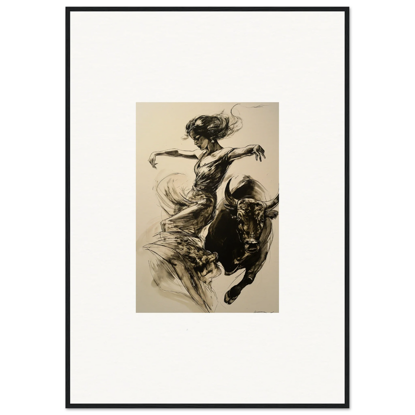 Dynamic black and white sketch of a figure dancing with a bull for Resilient Dancer Flame