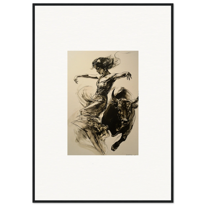 Dynamic black and white sketch of a figure dancing with a bull for Resilient Dancer Flame