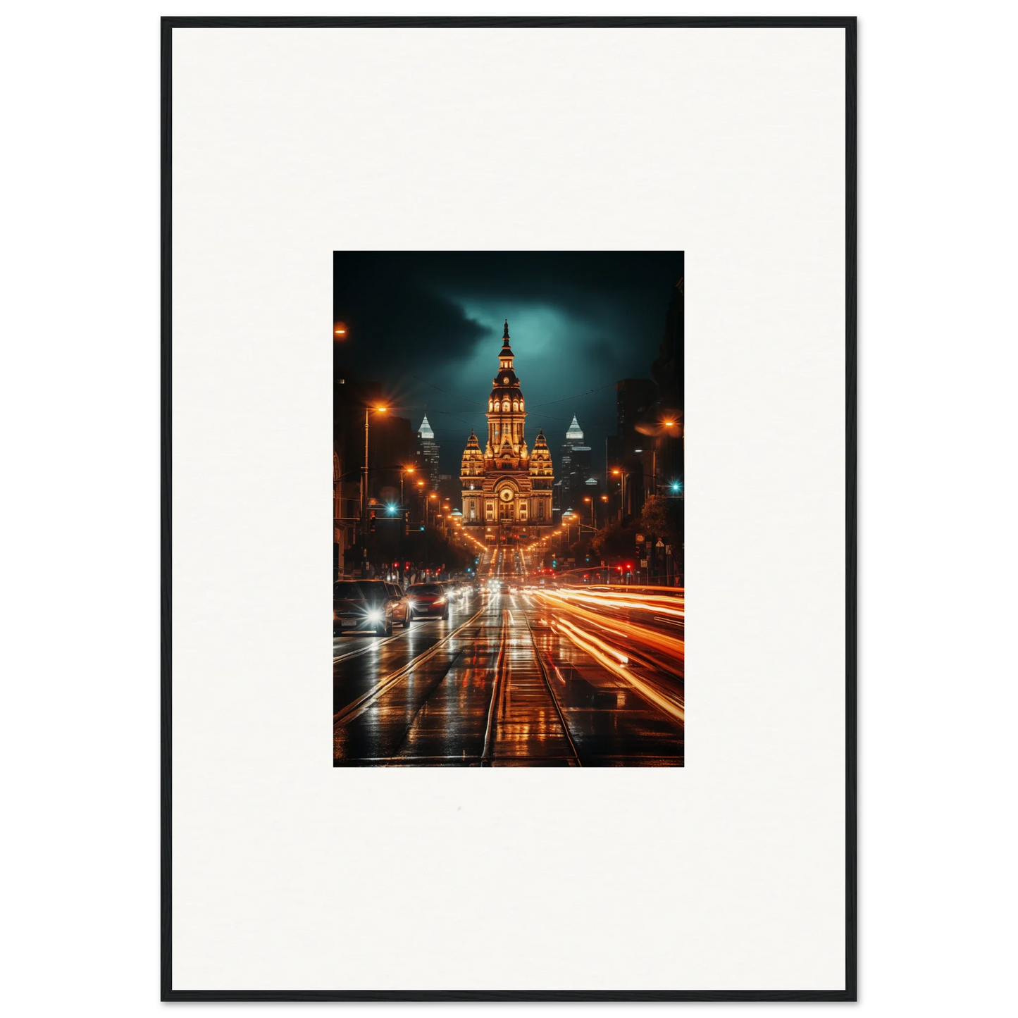 Illuminated Gothic building with traffic light trails in Radiant Urban Reverie art